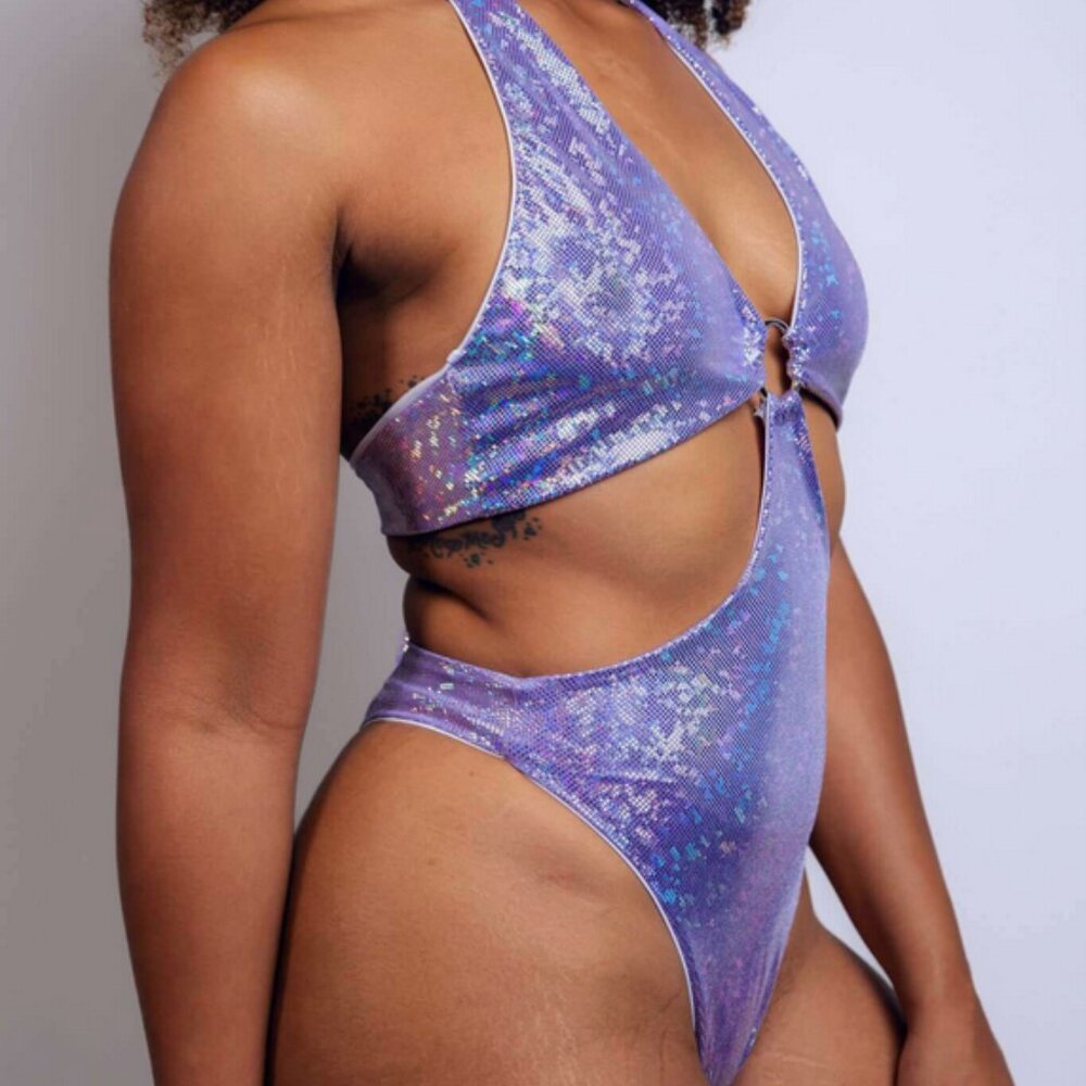 Freedom Rave Wear | Lavender Holo 0-Ring Bodysuit 1X NWT